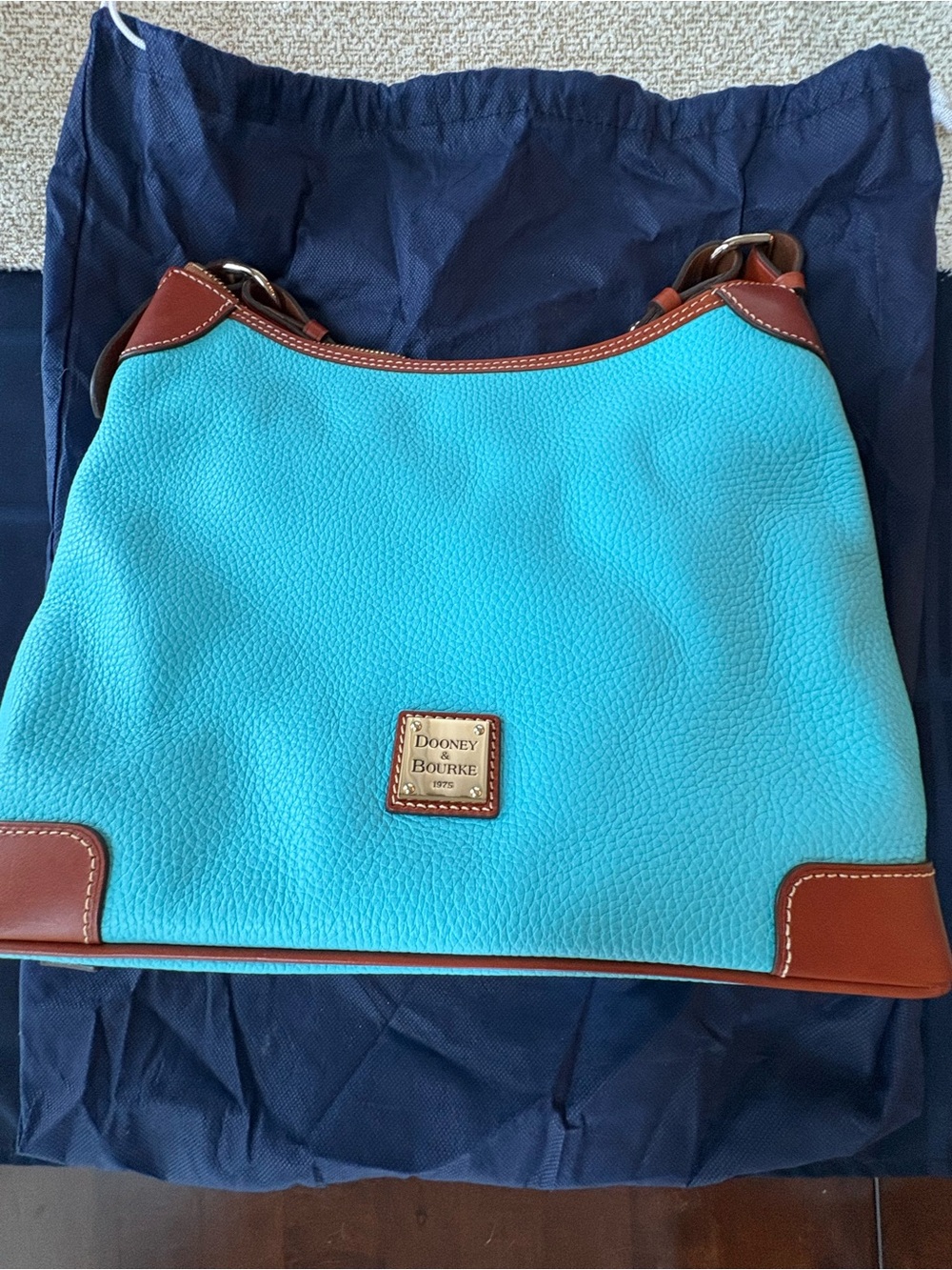 Dooney & Bourke Turquoise Pebble Leather Hobo Bag with Brown Trim